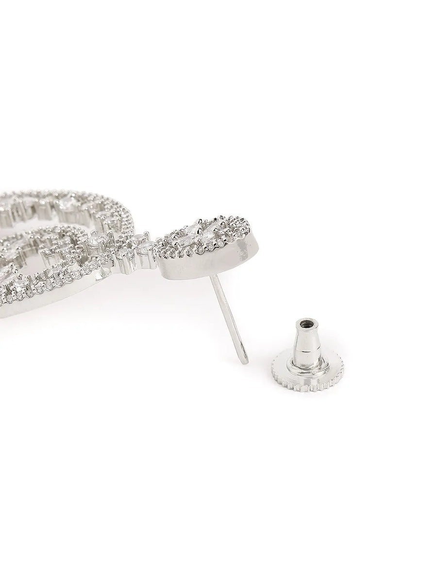 Elegant Floral CZ Drop Earrings - Silver