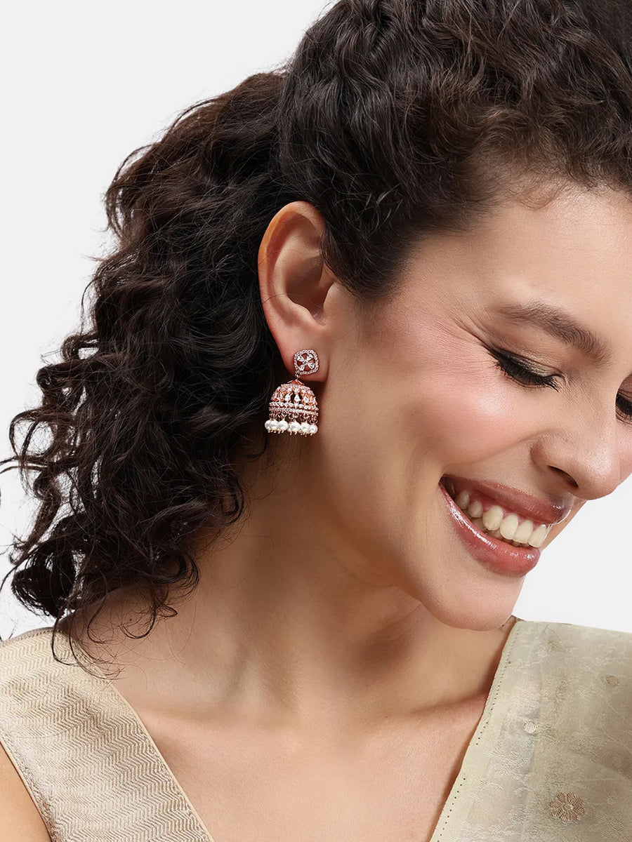Charming Pearl CZ Jhumki Earrings - Rose Gold