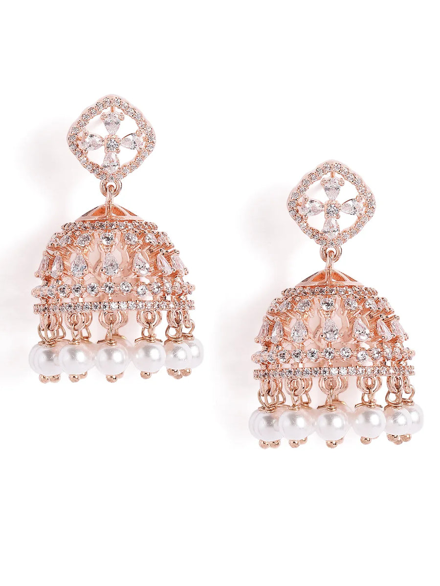 Charming Pearl CZ Jhumki Earrings - Rose Gold