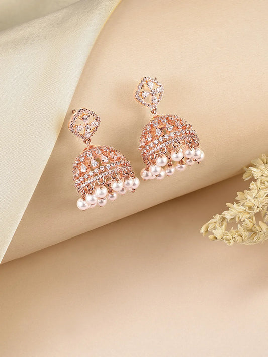 Charming Pearl CZ Jhumki Earrings - Rose Gold