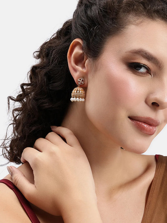 Charming Pearl CZ Jhumki Earrings - Gold