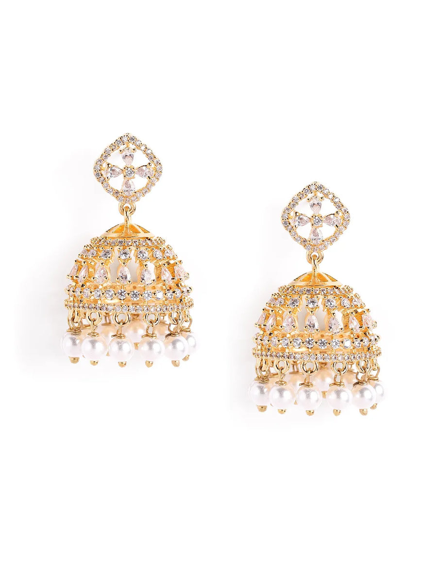 Charming Pearl CZ Jhumki Earrings - Gold