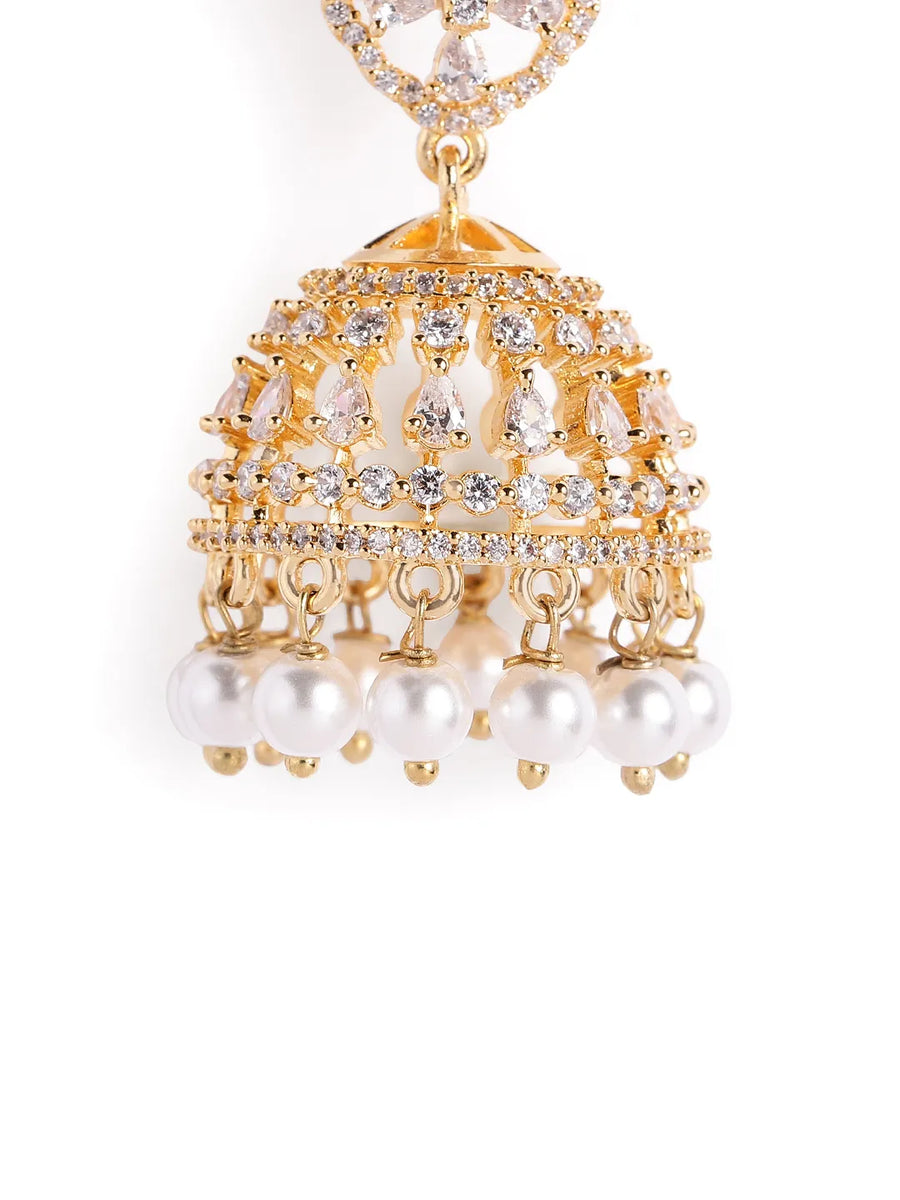 Charming Pearl CZ Jhumki Earrings - Gold