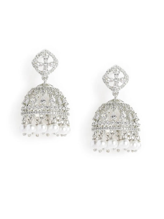 Charming Pearl CZ Jhumki Earrings - Silver