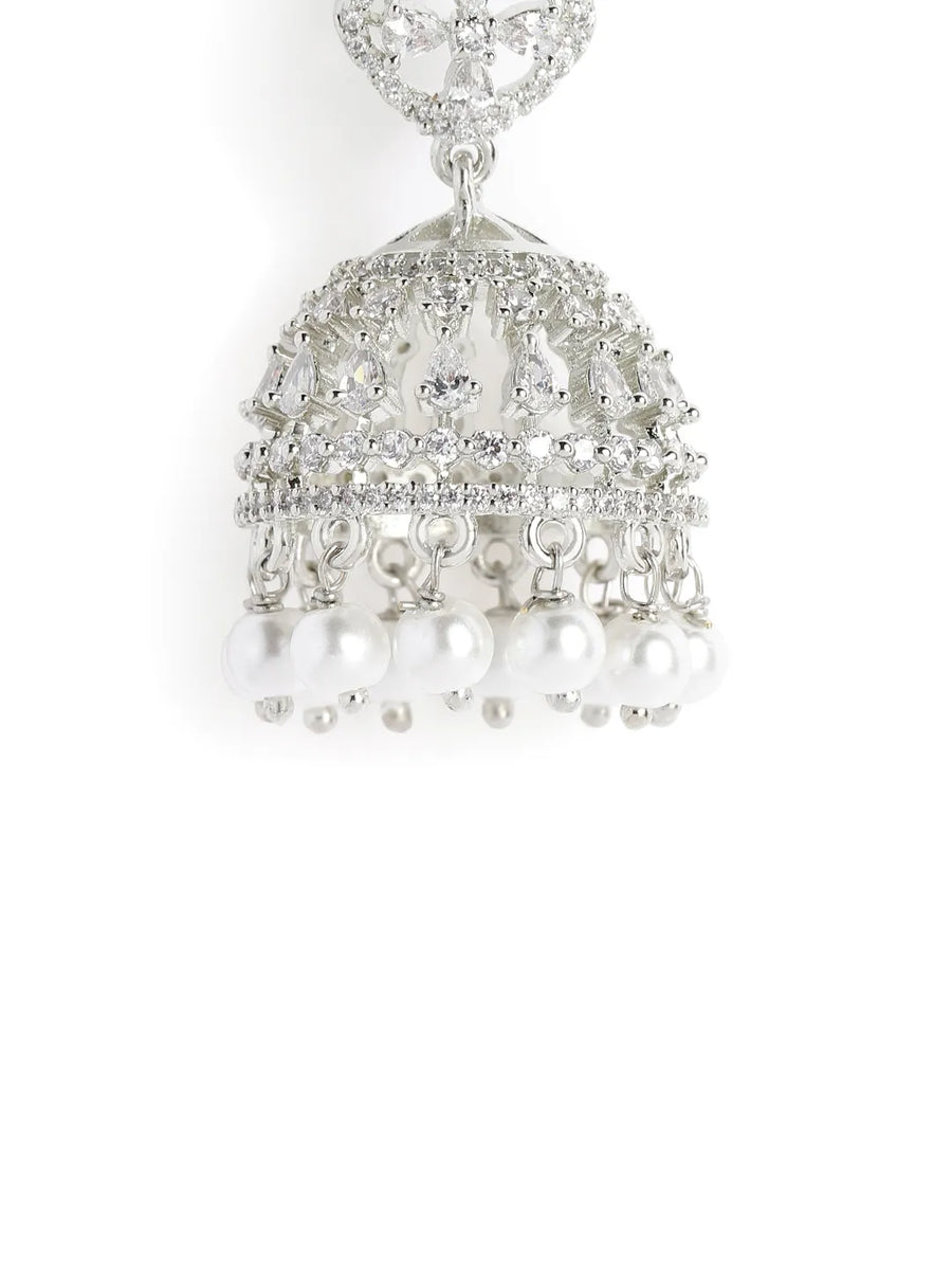 Charming Pearl CZ Jhumki Earrings - Silver