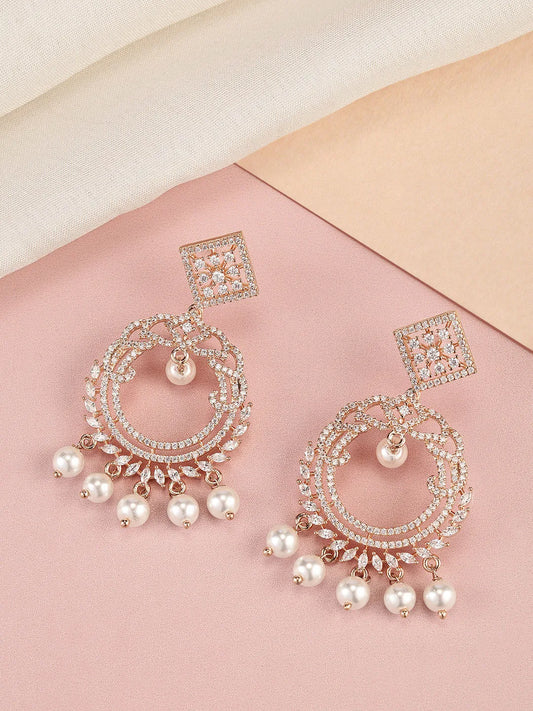 Elegant Pearl and CZ Dangle Earrings - Rose Gold