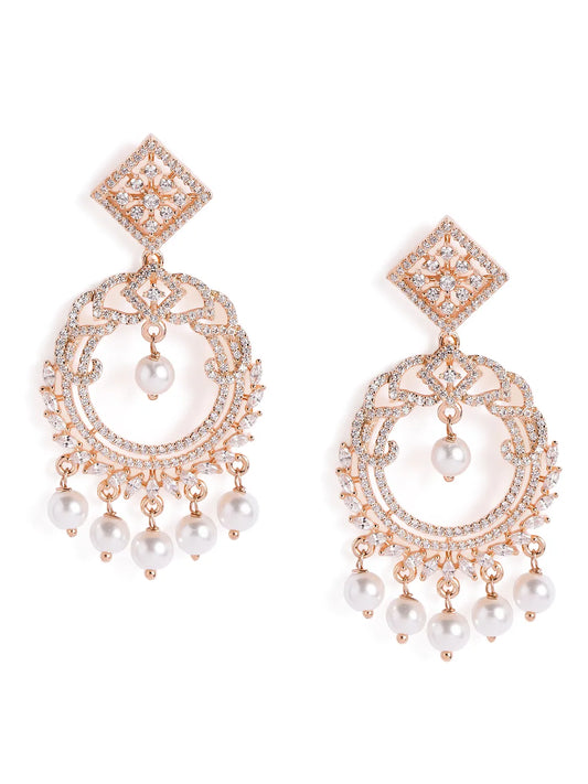 Elegant Pearl and CZ Dangle Earrings - Rose Gold
