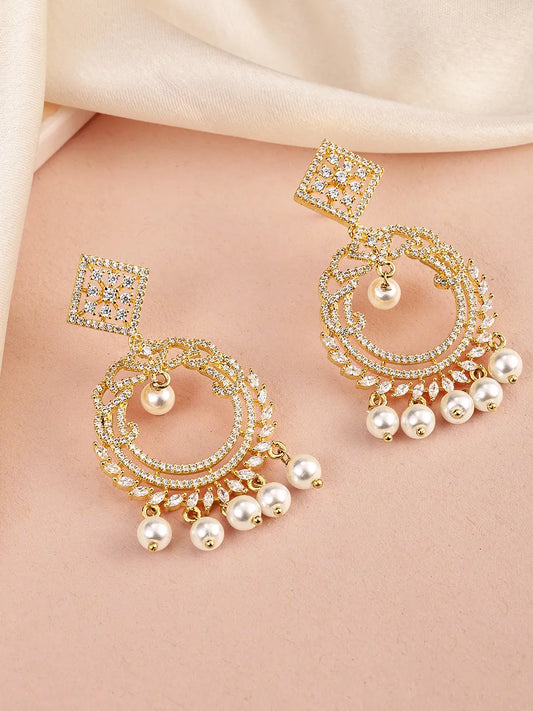Elegant Pearl and CZ Dangle Earrings - Gold