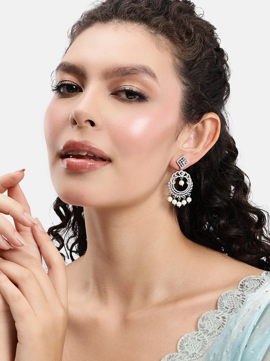 Elegant Pearl and CZ Dangle Earrings