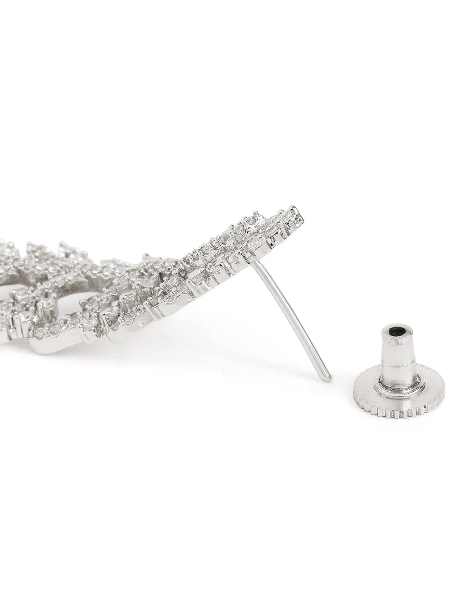 Shimmering Leaf Trail CZ Dangle Earrings - Silver