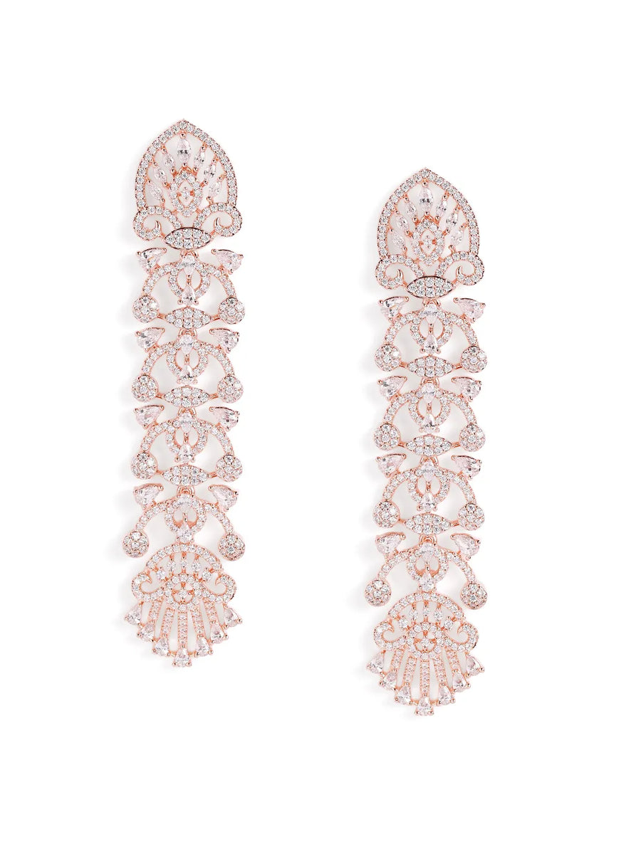 Royal Filigree CZ Long Earrings - Rose Gold