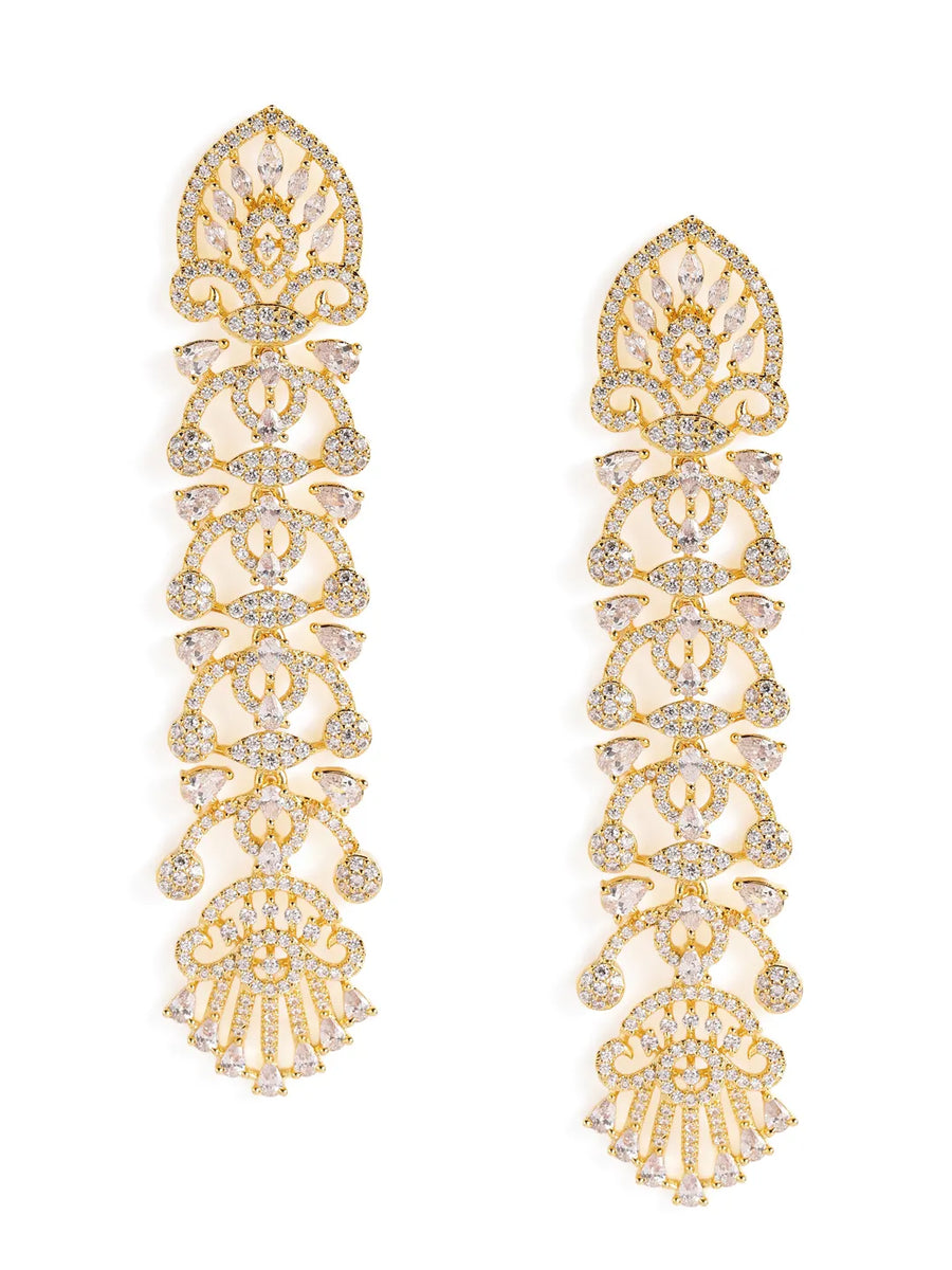 Royal Filigree CZ Long Earrings - Gold