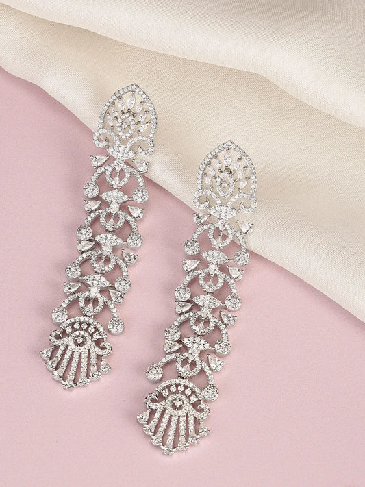 Royal Filigree CZ Long Earrings - Silver