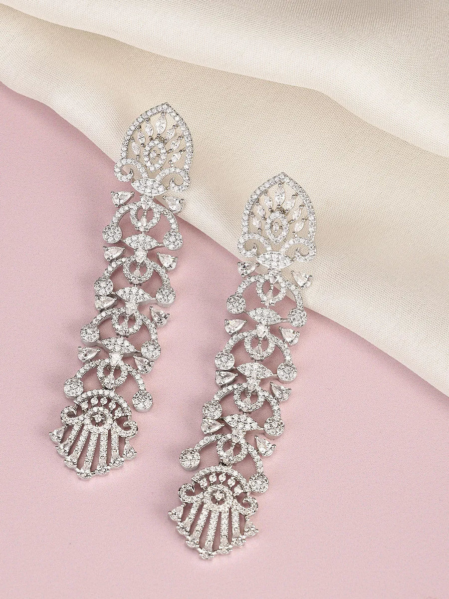 Royal Filigree CZ Long Earrings - Silver