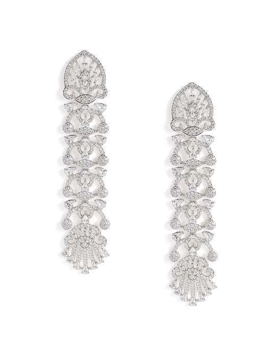 Royal Filigree CZ Long Earrings - Silver