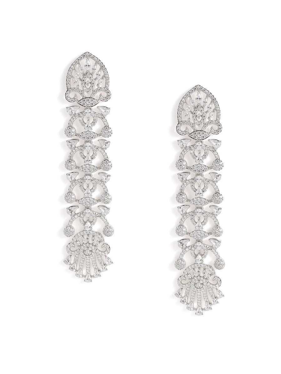 Royal Filigree CZ Long Earrings - Silver