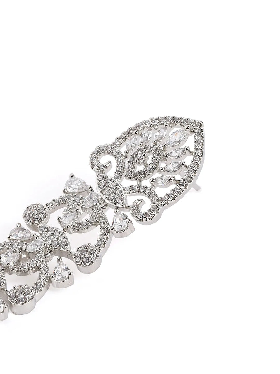 Royal Filigree CZ Long Earrings - Silver
