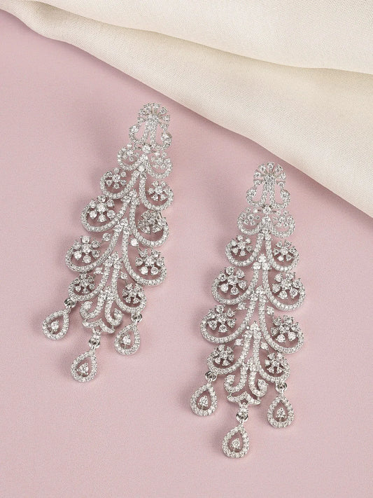 Floral Swirl CZ Dangle Earrings - Silver