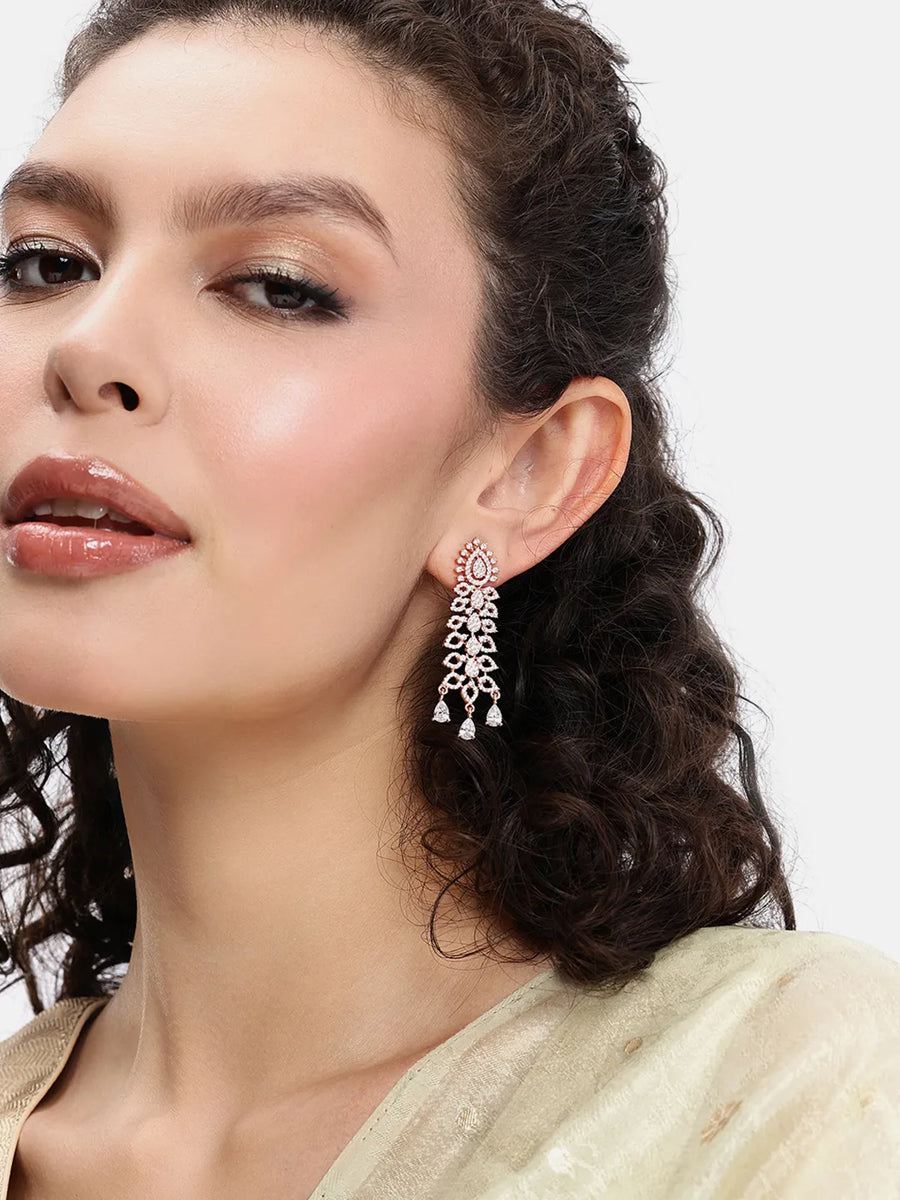 Graceful CZ Stone Floral Drop Earrings - Rose Gold