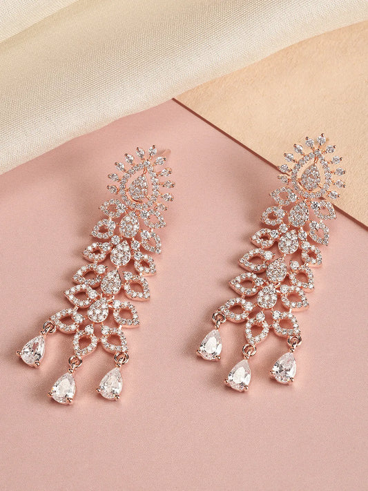 Graceful CZ Stone Floral Drop Earrings - Rose Gold