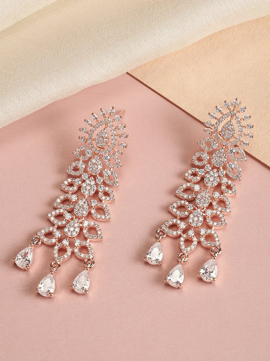 Graceful CZ Stone Floral Drop Earrings