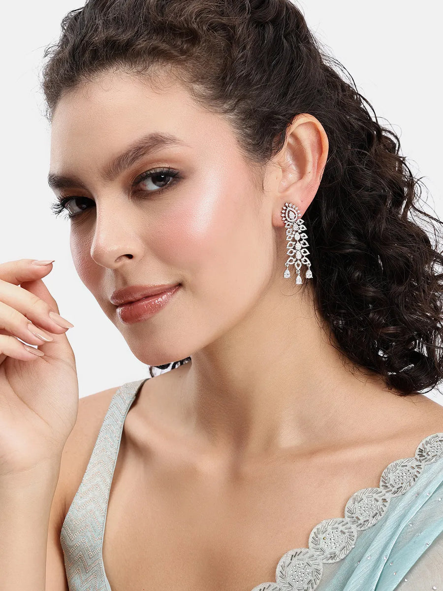 Graceful CZ Stone Floral Drop Earrings - Silver
