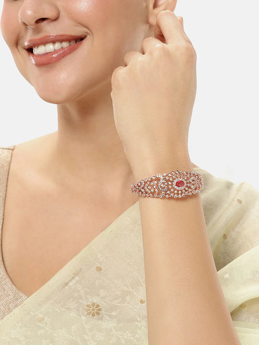 Ethnic Carved Crystal Kada Bracelet - Rose Gold - Red