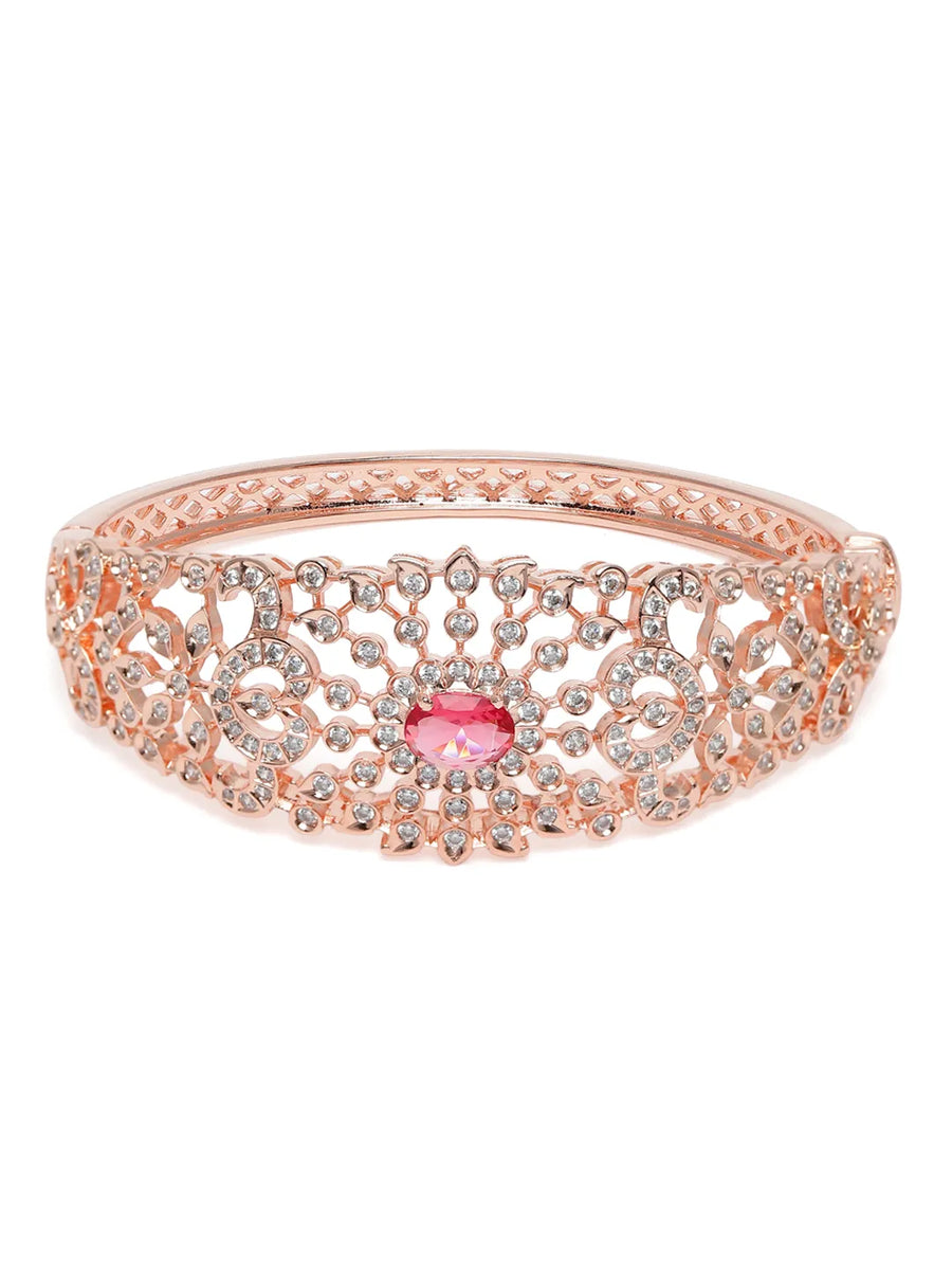 Ethnic Carved Crystal Kada Bracelet - Rose Gold - Red