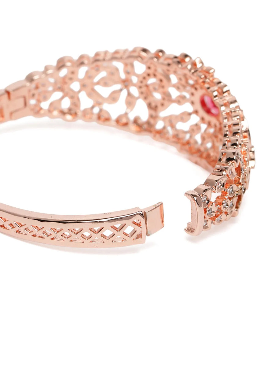 Ethnic Carved Crystal Kada Bracelet - Rose Gold - Red