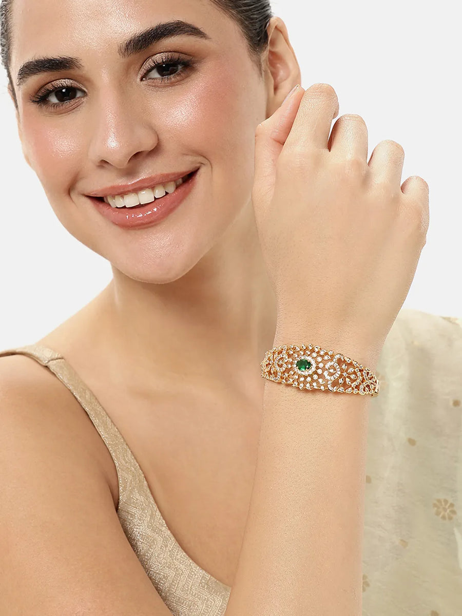 Ethnic Carved Crystal Kada Bracelet - Gold - Green