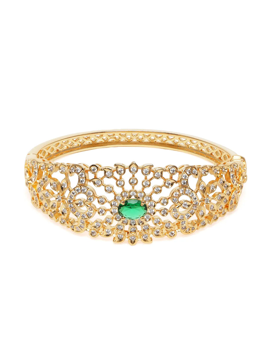 Ethnic Carved Crystal Kada Bracelet - Gold - Green