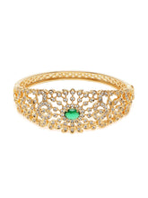 Ethnic Carved Crystal Kada Bracelet - Gold - Green