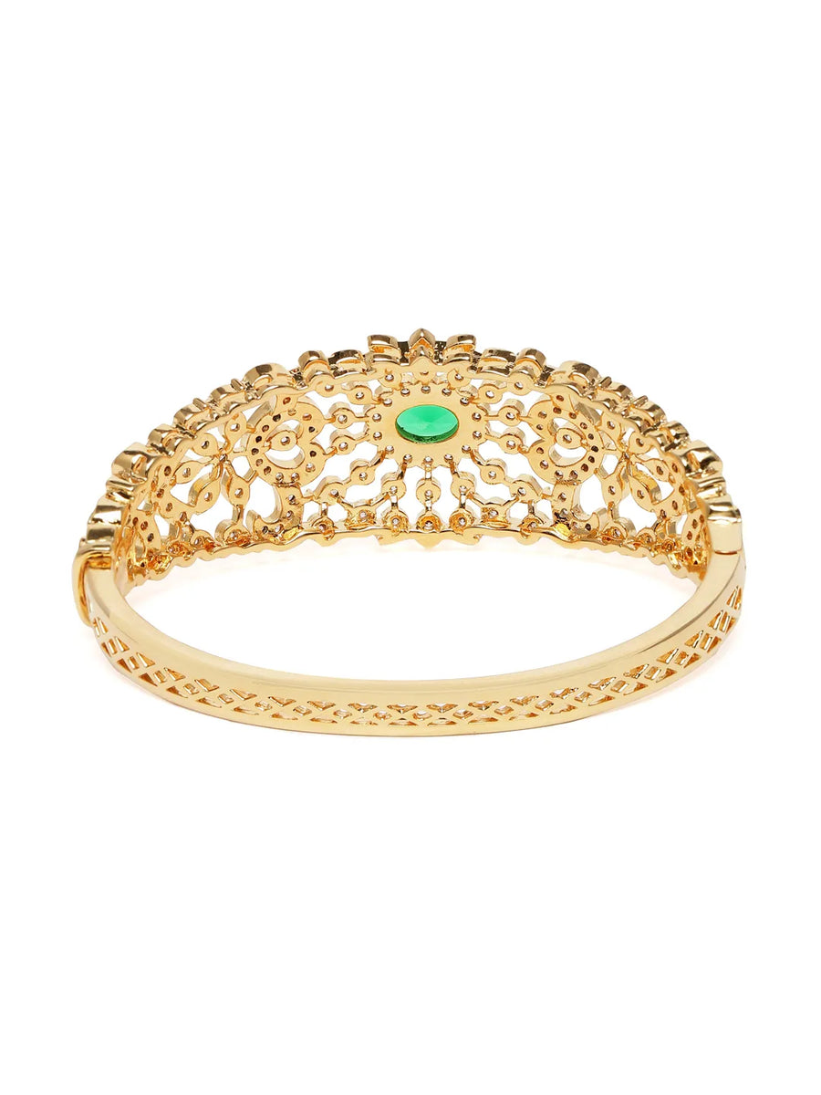 Ethnic Carved Crystal Kada Bracelet - Gold - Green