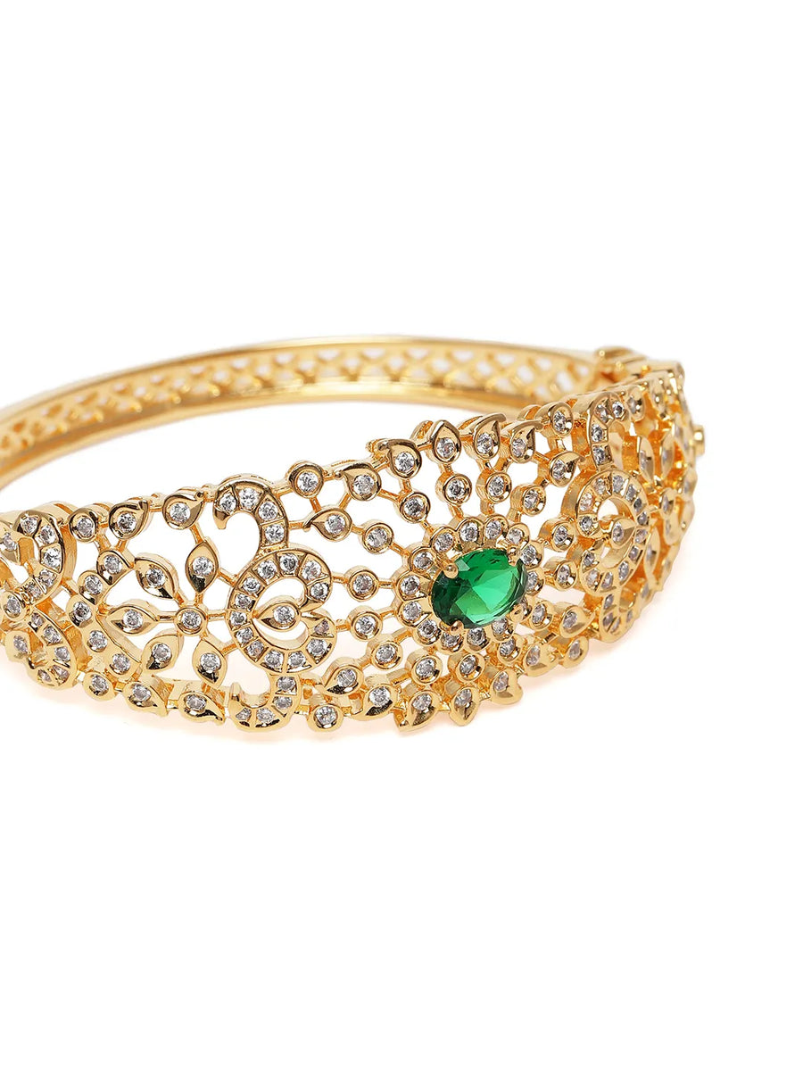 Ethnic Carved Crystal Kada Bracelet - Gold - Green