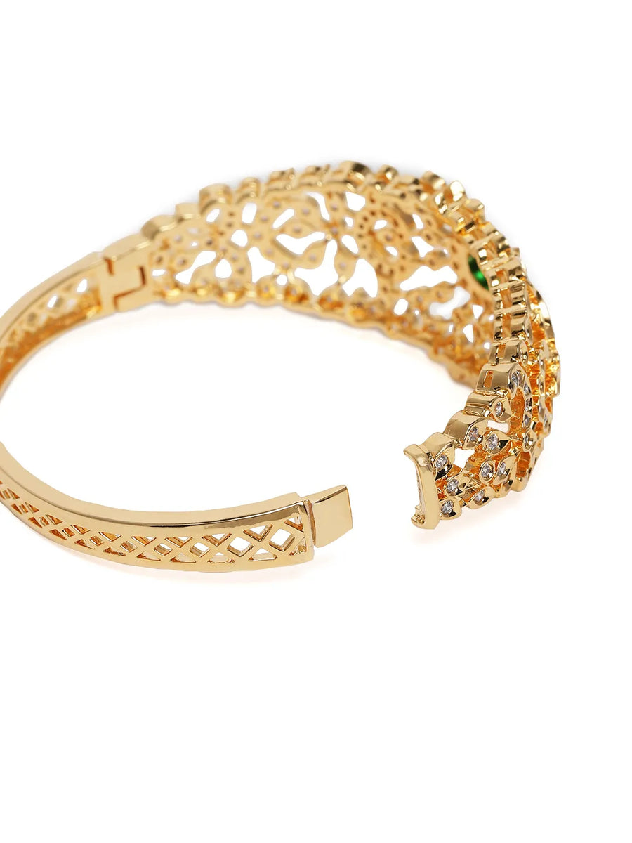 Ethnic Carved Crystal Kada Bracelet - Gold - Green