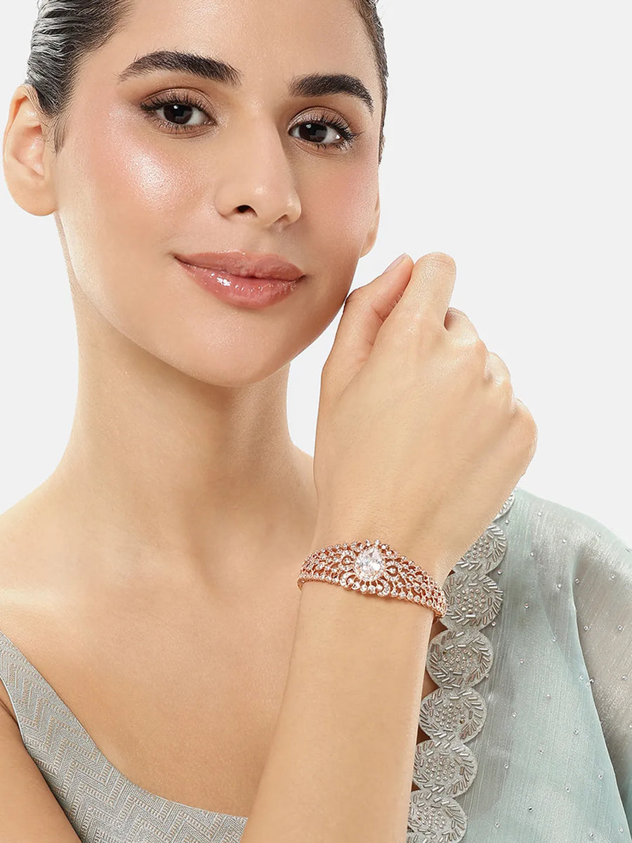 Classic Kada with Stunning Pear Accent - Rose Gold - White