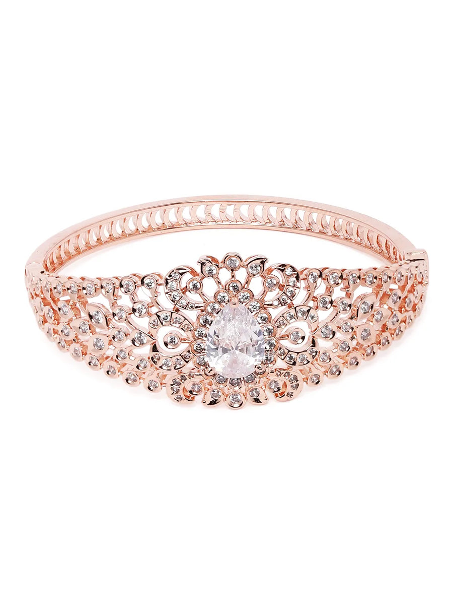 Classic Kada with Stunning Pear Accent - Rose Gold - White