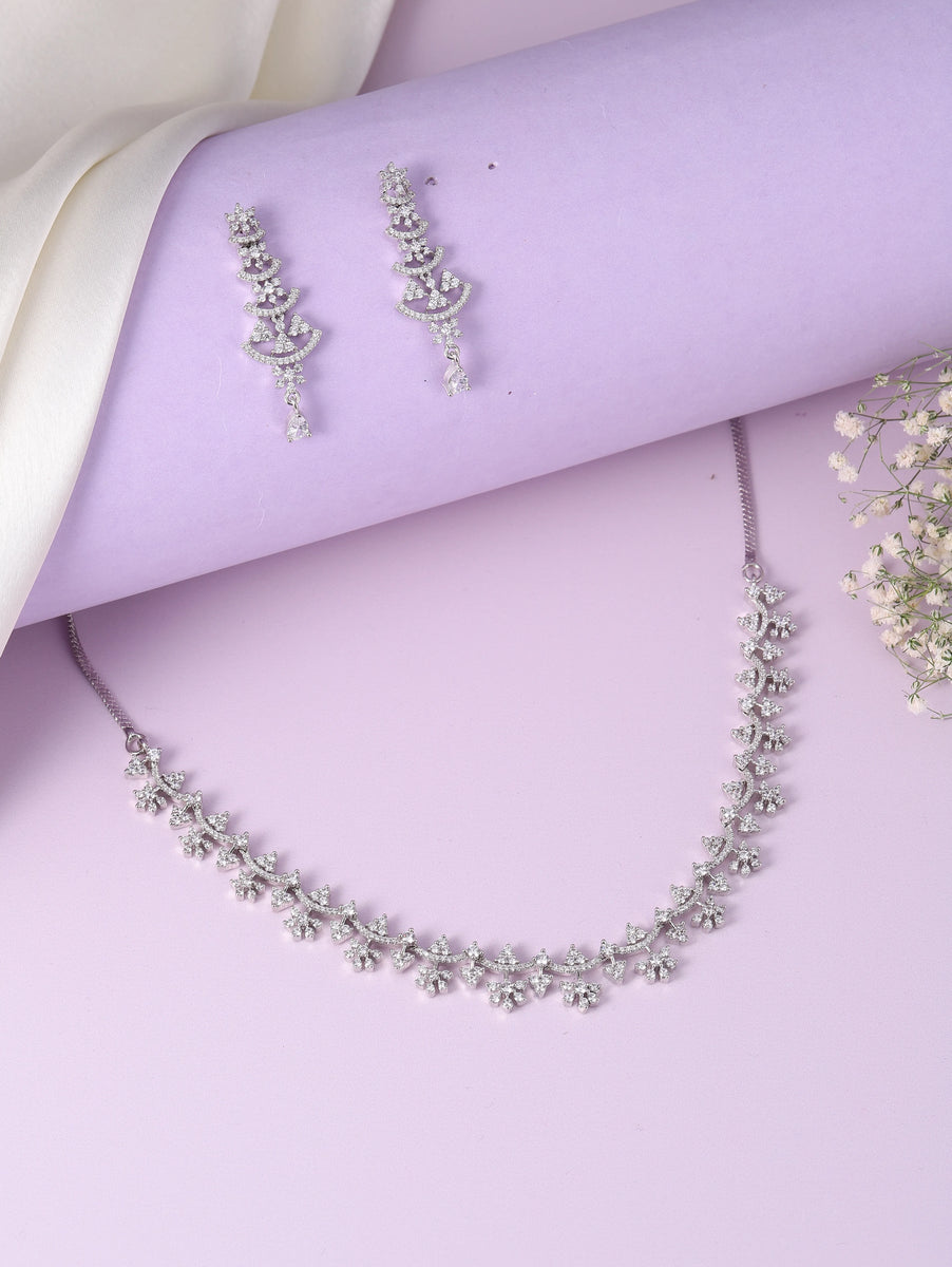 Glowing Petals CZ Necklace Set - Silver