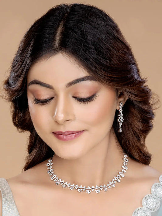 Glowing Petals CZ Necklace Set - Silver