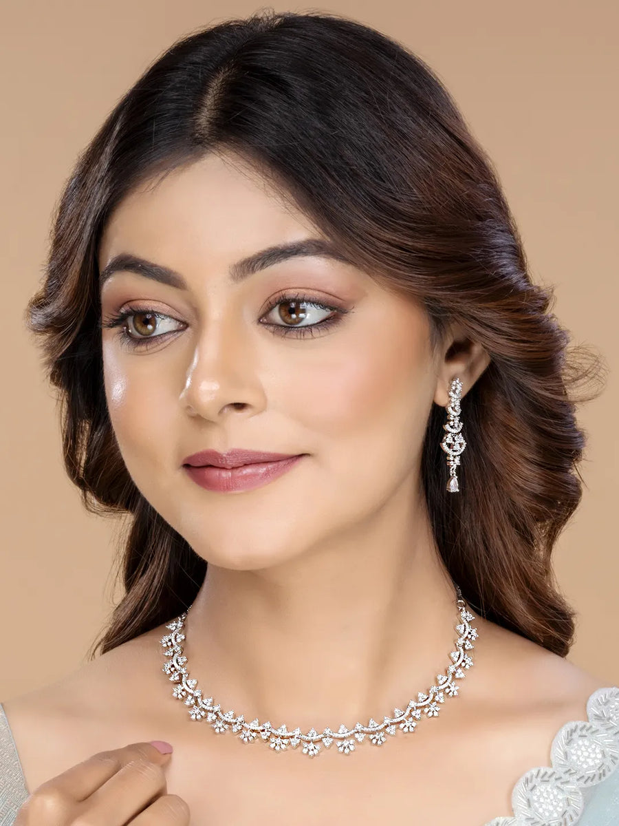 Glowing Petals CZ Necklace Set - Silver