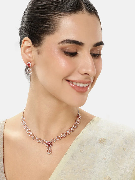 Ruby Oval Link Necklace with Earring - Rose Gold - Red