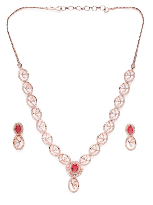 Ruby Oval Link Necklace with Earring - Rose Gold - Red