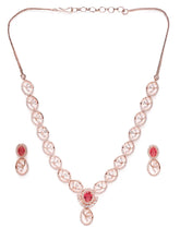Ruby Oval Link Necklace with Earring - Rose Gold - Red