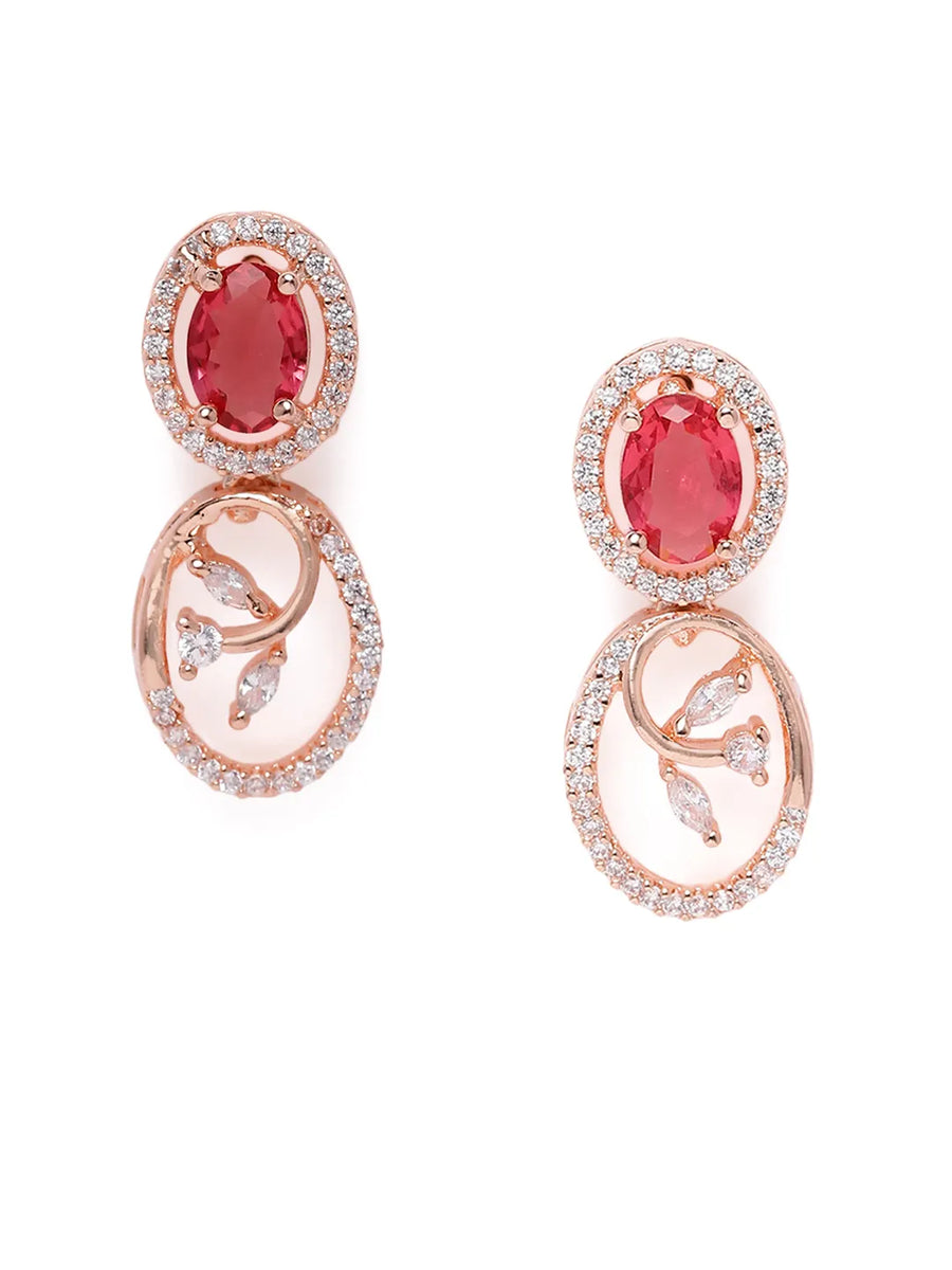 Ruby Oval Link Necklace with Earring - Rose Gold - Red