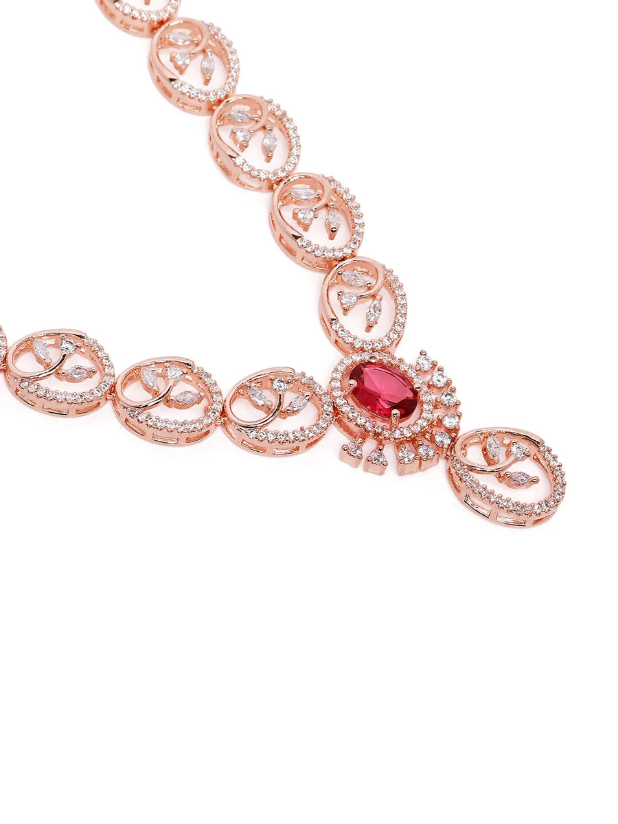 Ruby Oval Link Necklace with Earring - Rose Gold - Red