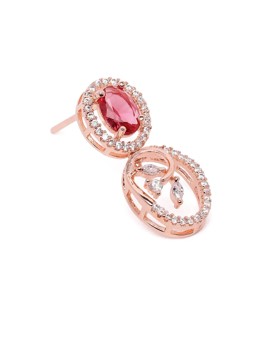 Ruby Oval Link Necklace with Earring - Rose Gold - Red