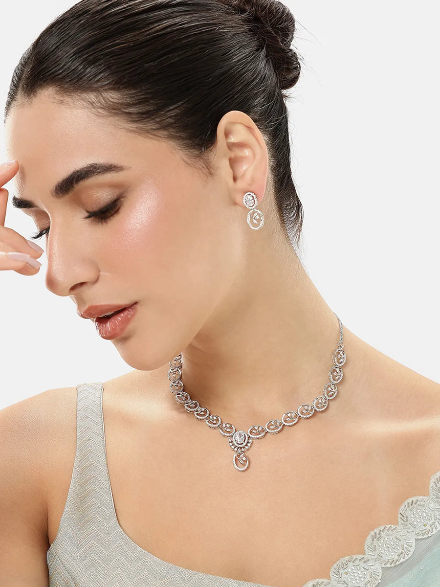 Ruby Oval Link Necklace with Earring - Silver - White