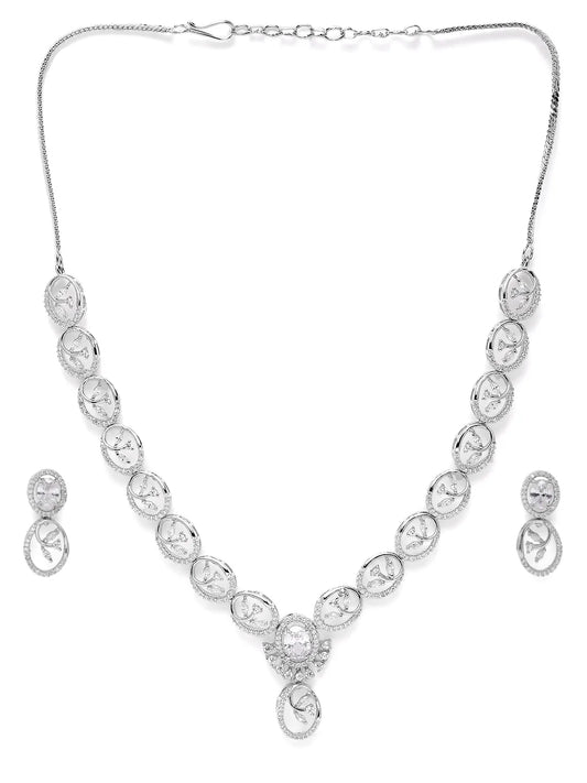 Ruby Oval Link Necklace with Earring - Silver - White