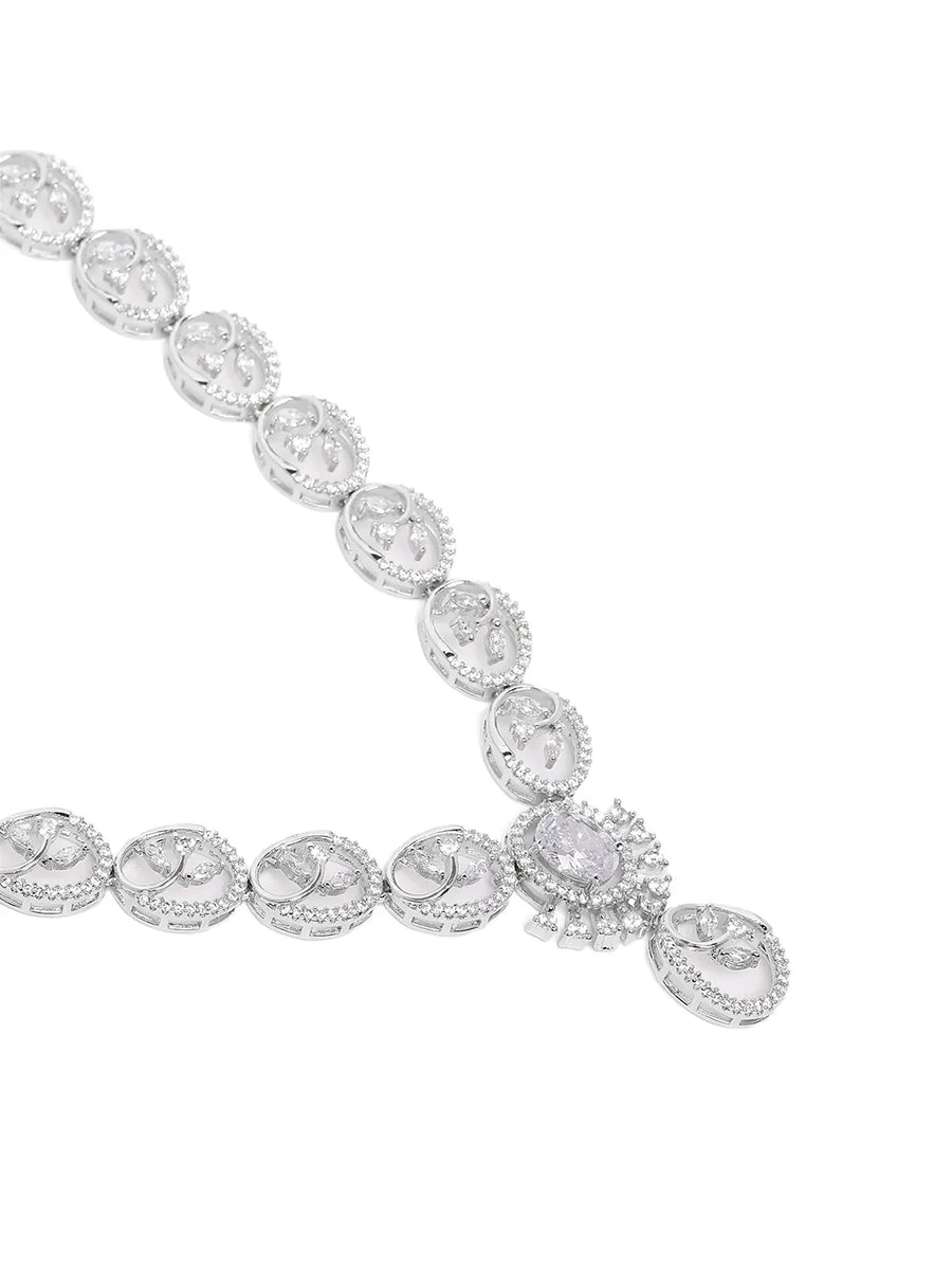 Ruby Oval Link Necklace with Earring - Silver - White