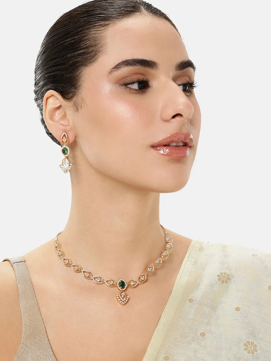 Stylish Crystal CZ Linked Necklace Set - Rose Gold - Green